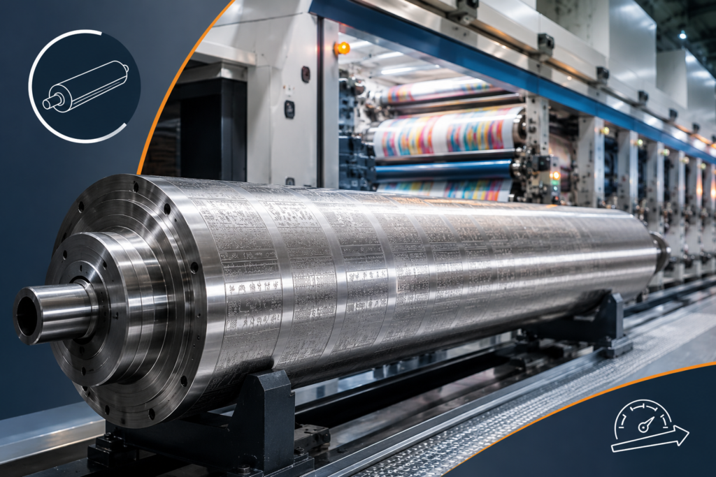 Wide-format rotogravure cylinder up to 1600mm length manufactured by Kanodia Gravure